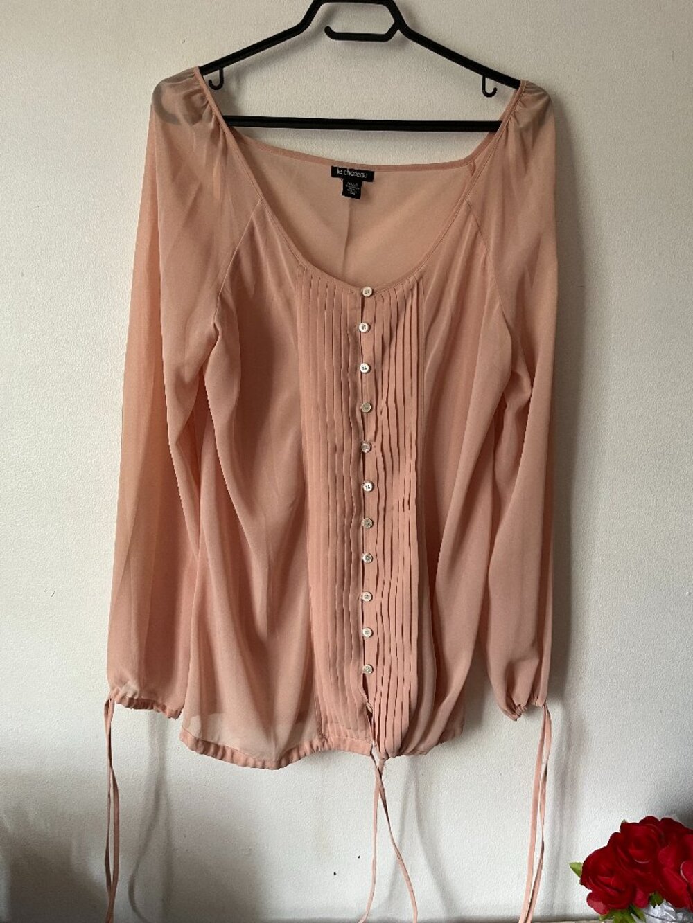 Pink chiffon Blouse for women from Le Chateau size XL with button in front.